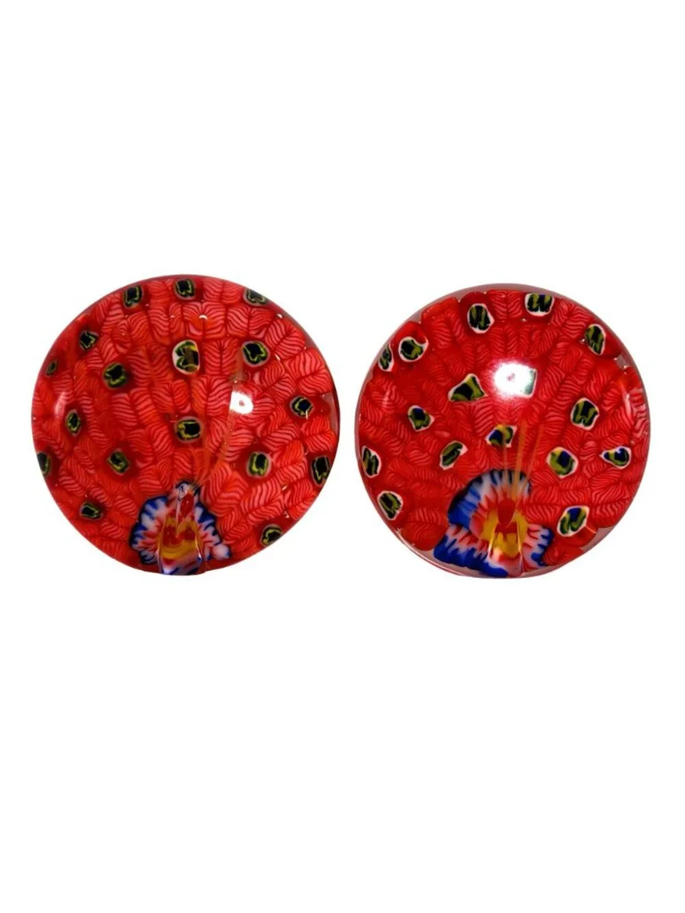 Art Glass Peacock Paperweights Red/White Multicolor Millefiori Design Set of 2